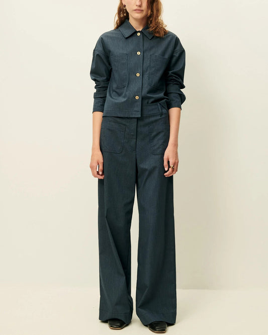 Unisex Overshirt Textured Slub-Yarn Cotton-Linen - Blue Worker-Blue