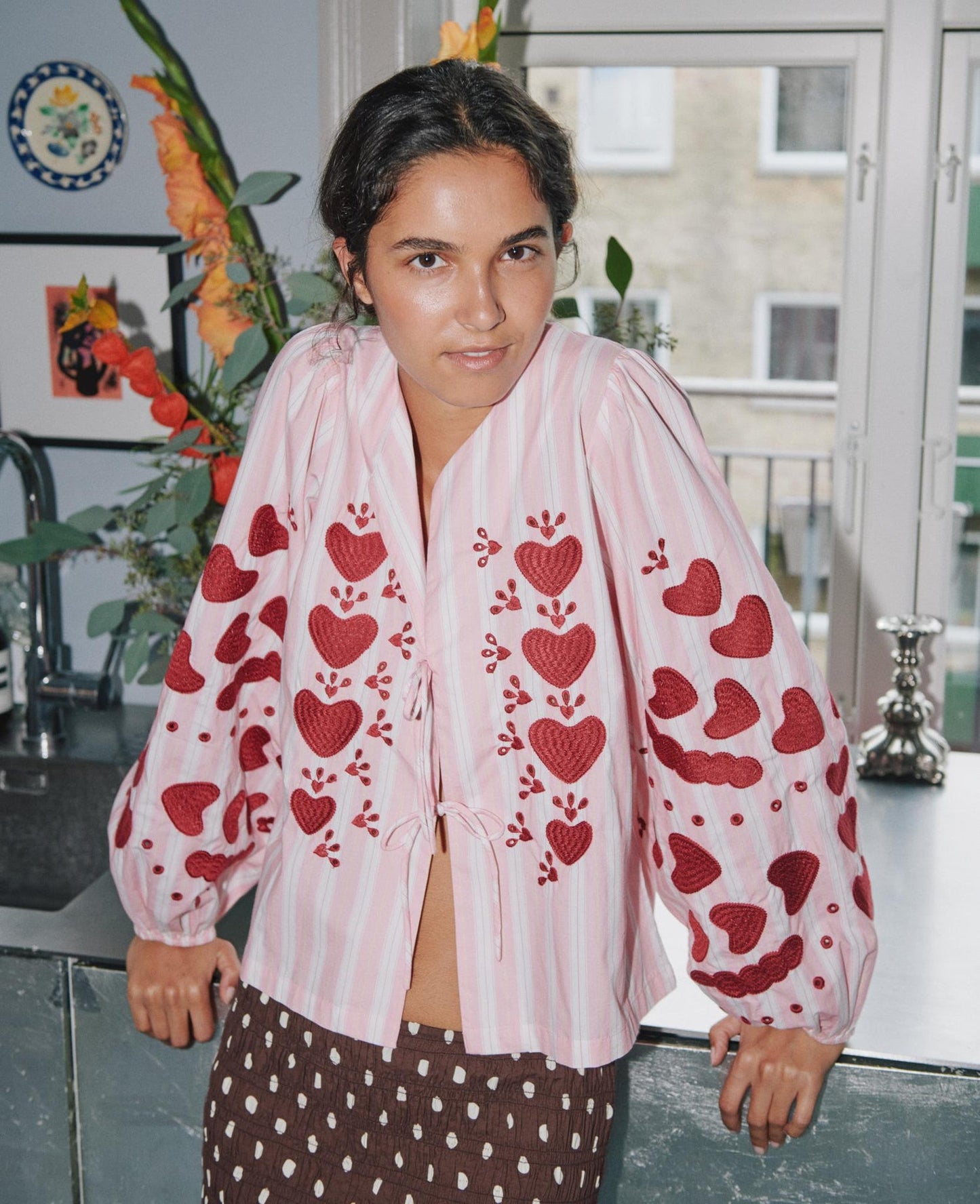 Women's Blouse 100% Organic Cotton Poplin - Rose-Stripes