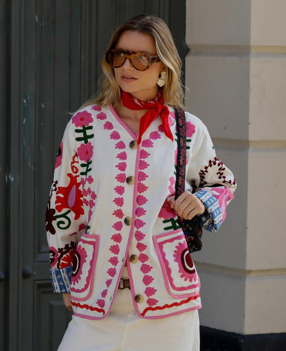 SISSEL EDELBO Women's Maggie Suzani  Jacket Hand-Embroidered Cotton Canvas - Multi-Color Floral Flower