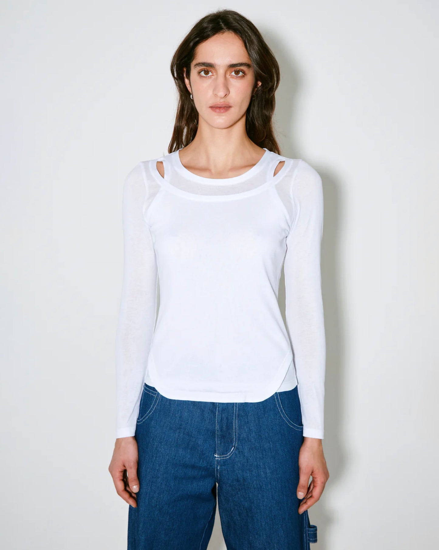 Façon Jacmin Women's Tilda 2-in-1 Layered Long Sleeve T-Shirt 100% Cotton Italian Jersey - White