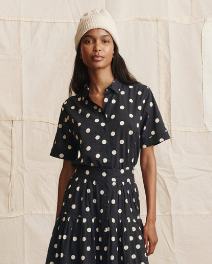 The Great. Women's Messenger Top 100% Cotton Short Sleeve Button-Down - Navy & Cream Polka Dot Navy-Cream-Polka-Dot