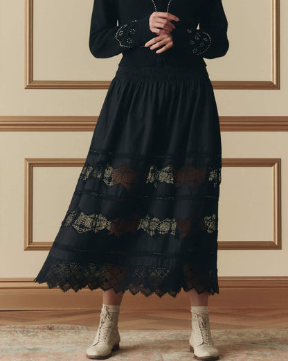 Women Skirt Rosette Lace Overlay With Picot Edge - Black