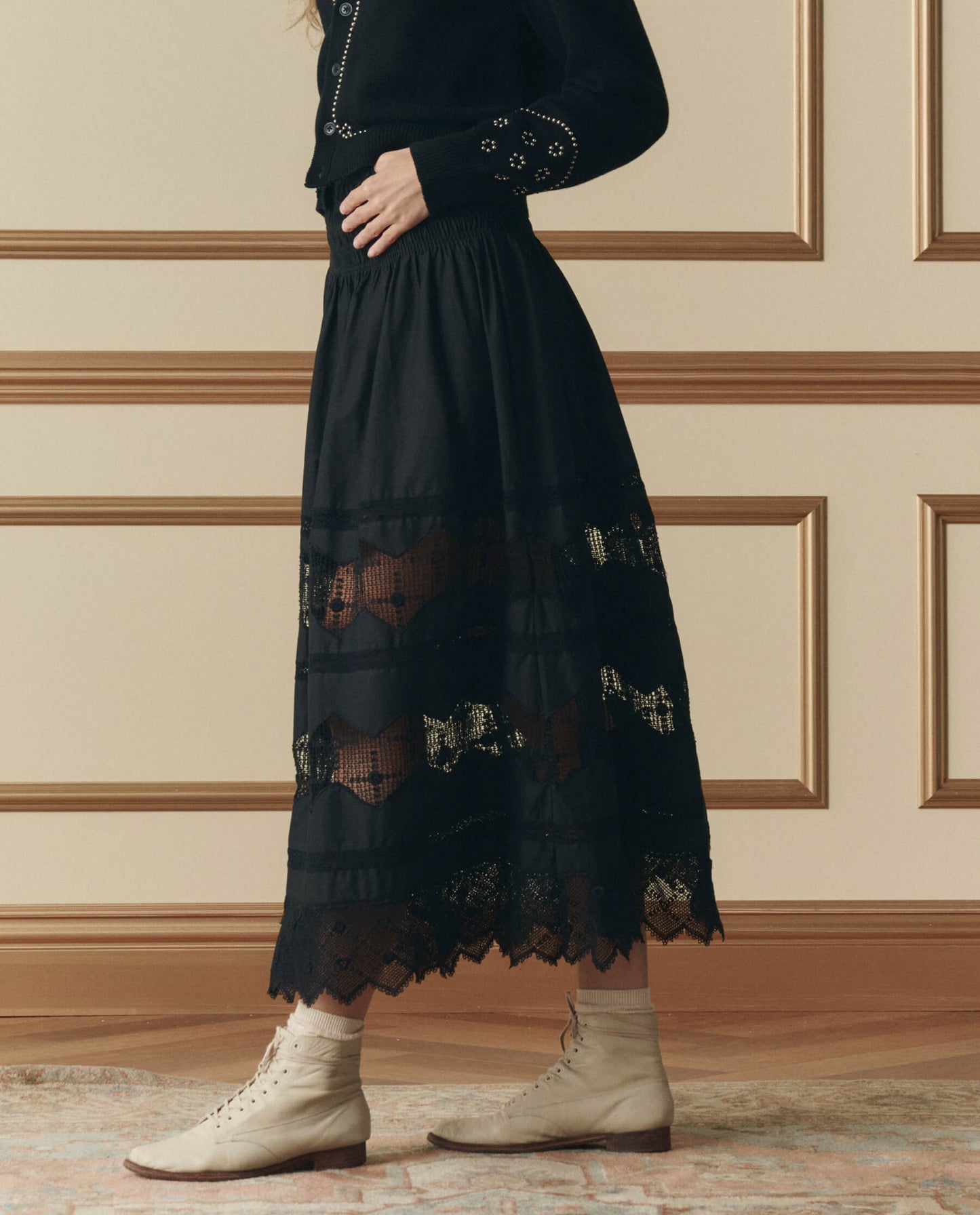 Women Skirt Rosette Lace Overlay With Picot Edge - Black