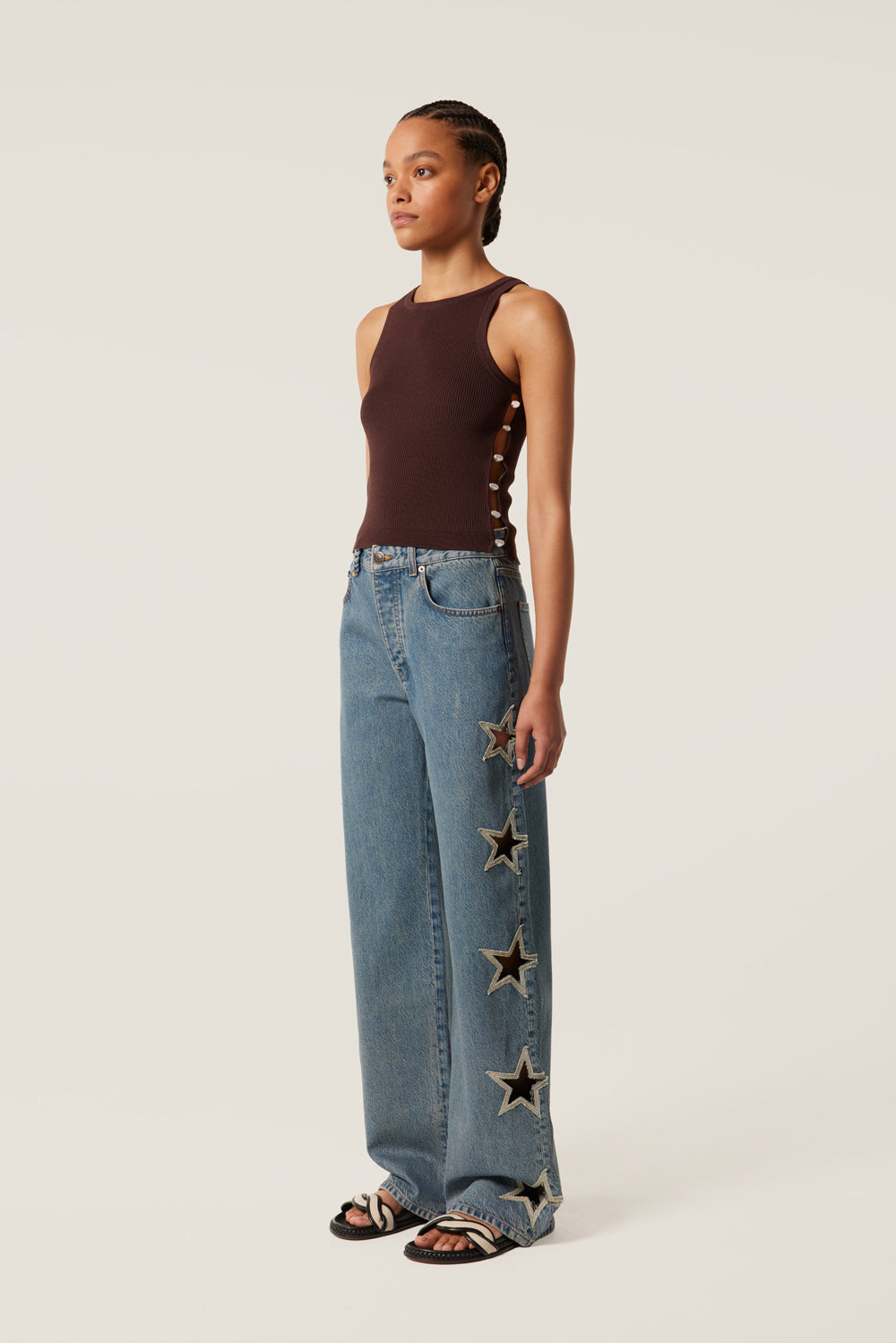 Tressé Women’s Pina Wide-Leg Jeans 100% Cotton Denim with Braided Trim - Bleu