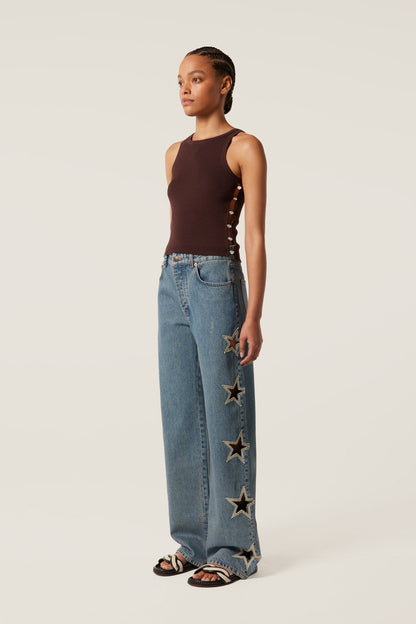 Tressé Women’s Pina Wide-Leg Jeans 100% Cotton Denim with Braided Trim - Bleu