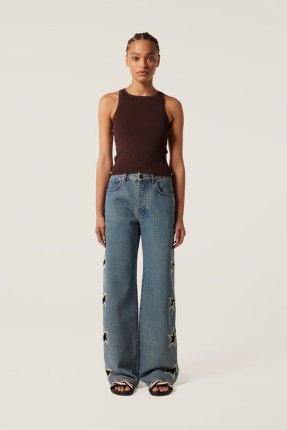 Tressé Women’s Pina Wide-Leg Jeans 100% Cotton Denim with Braided Trim - Bleu