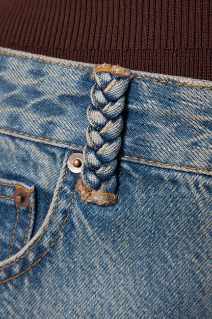 Tressé Women’s Pina Wide-Leg Jeans 100% Cotton Denim with Braided Trim - Bleu