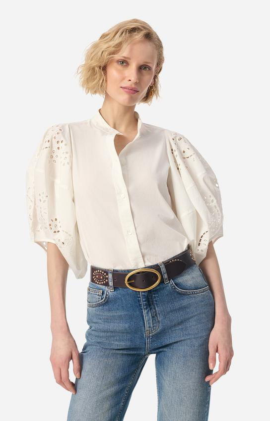 Women's Button-Down Blouse Round Neck Woven Fabric - Ecru