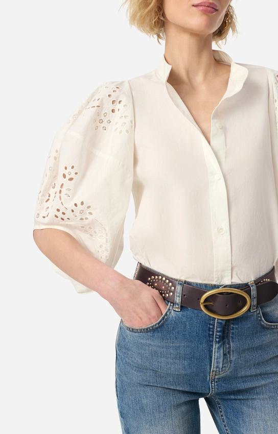 Women's Button-Down Blouse Round Neck Woven Fabric - Ecru