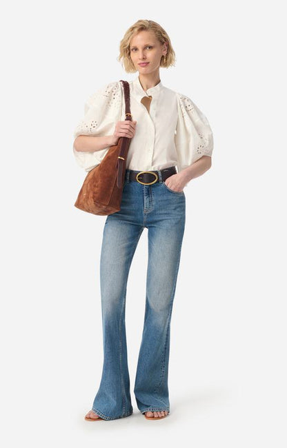 Women's Button-Down Blouse Round Neck Woven Fabric - Ecru