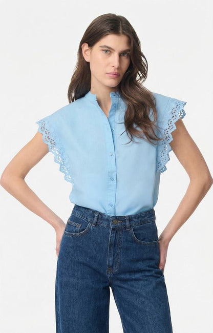 Women's Button-Down Blouse 100 Cotton Poplin - Azur