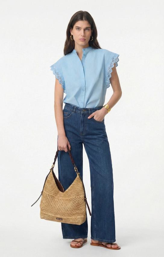 Women's Button-Down Blouse 100 Cotton Poplin - Azur