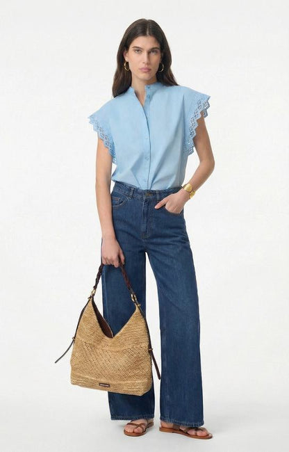 Women's Button-Down Blouse 100 Cotton Poplin - Azur