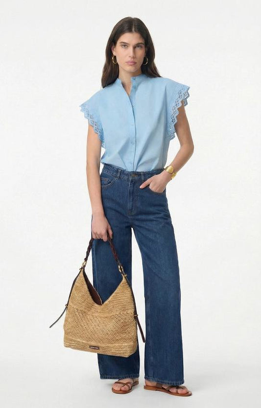 Women's Button-Down Blouse 100 Cotton Poplin - Azur