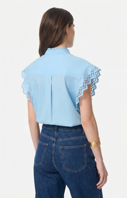 Women's Button-Down Blouse 100 Cotton Poplin - Azur