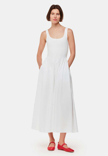 Poplin Cotton Mix Midi Dress 38693 White