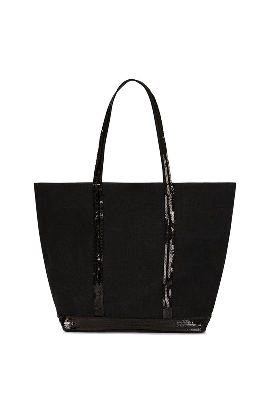 Medium+ Embellished Linen Tote Bag With Zip Noir - RUE MADAME | BOUTIQUE PARISIENNE