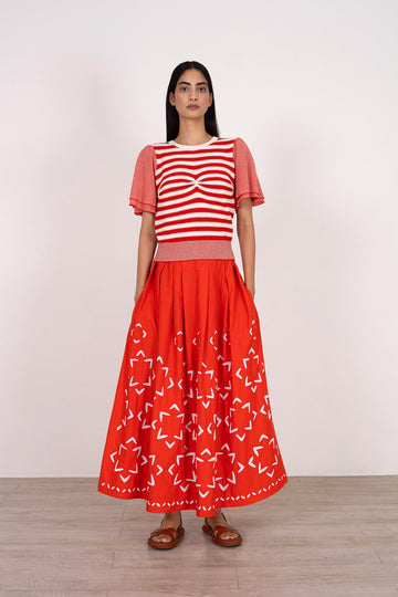 Mamicha - Blue French Crepe Stripe Pattern De Hoop Flared Skirt For Women