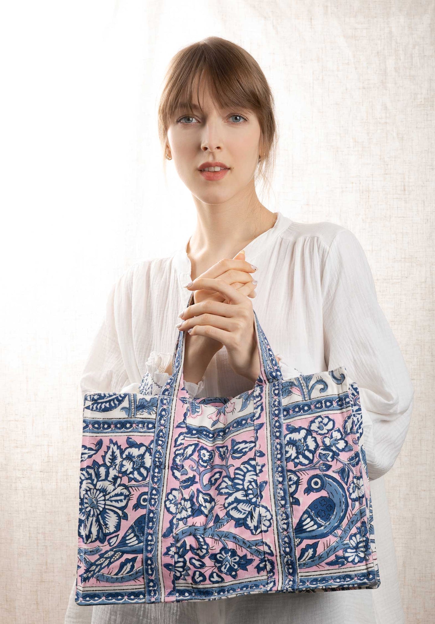 Tote Bag Sp23a3 Canvas Tote Blue-Pink-Floral