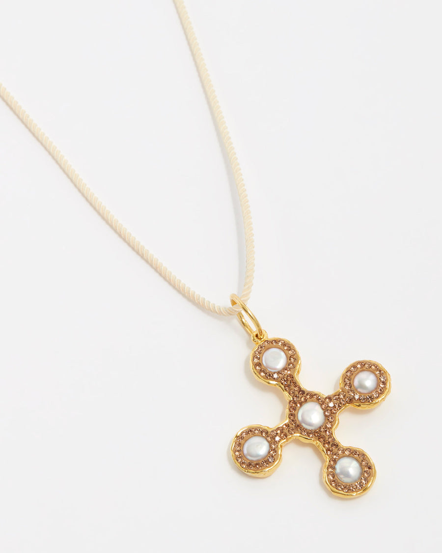 Necklace Pearl Cross Cord Gold-White