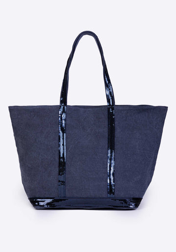 Medium+ Embellished Linen Tote Bag With Zip Denim - RUE MADAME | BOUTIQUE PARISIENNE