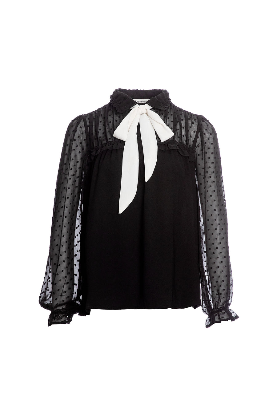 Semi-Sheer Dotted Blouse With Front Bow