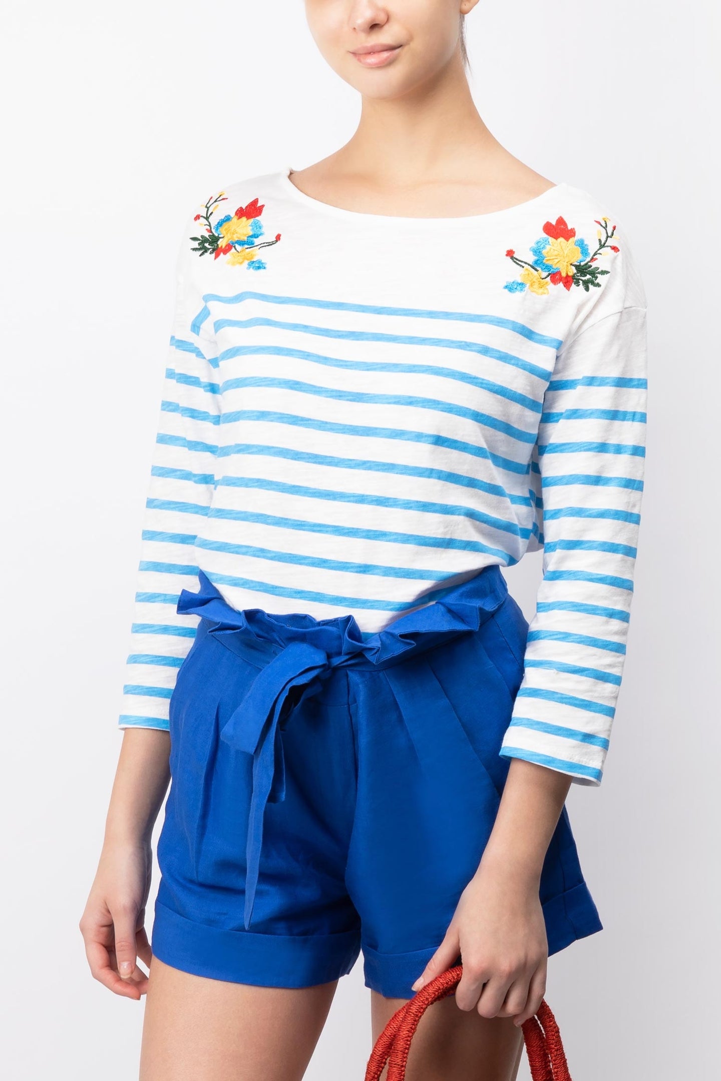 Striped T-shirt With Floral Embroidery