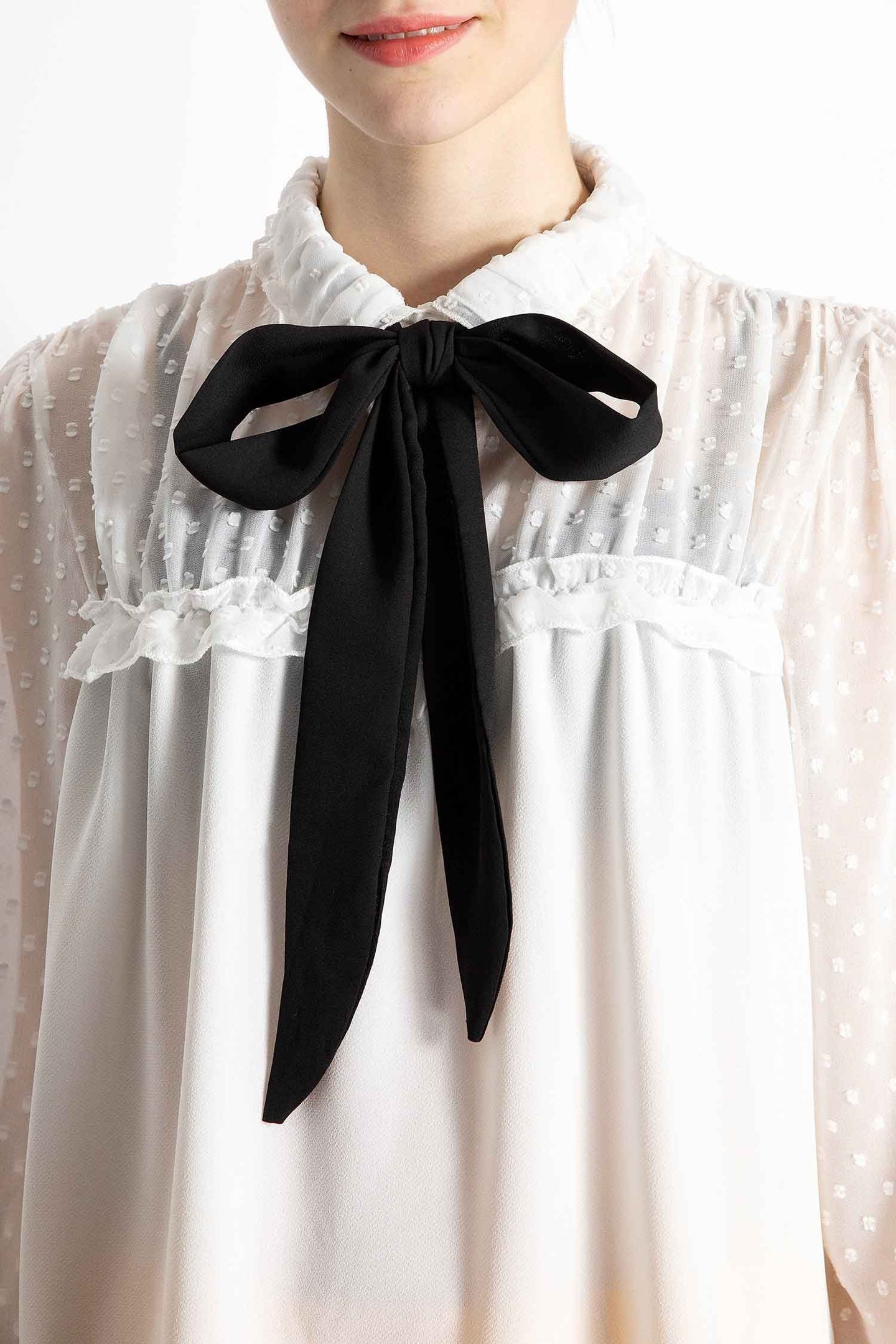 Semi-Sheer Dotted Blouse With Front Bow