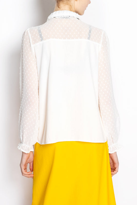 Semi-Sheer Dotted Blouse With Front Bow