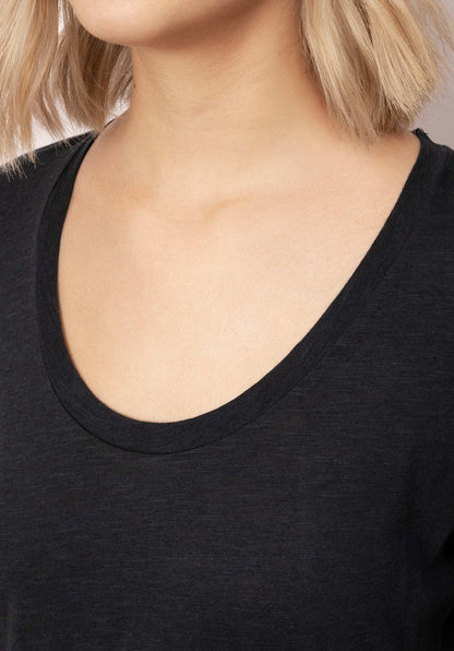 'Jacksonville' U-Neck Cotton-blend Long Sleeves T-Shirt Navy - RUE MADAME | BOUTIQUE PARISIENNE