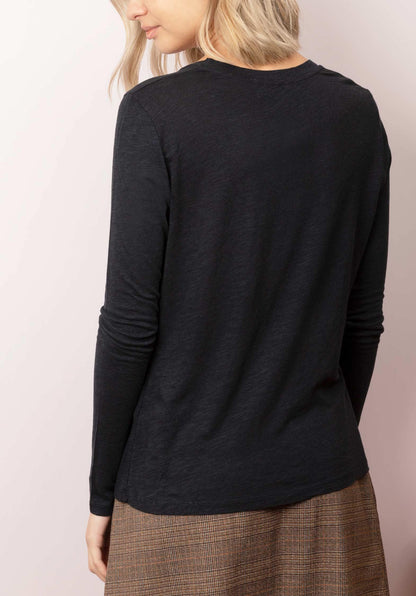 'Jacksonville' U-Neck Cotton-blend Long Sleeves T-Shirt Navy - RUE MADAME | BOUTIQUE PARISIENNE