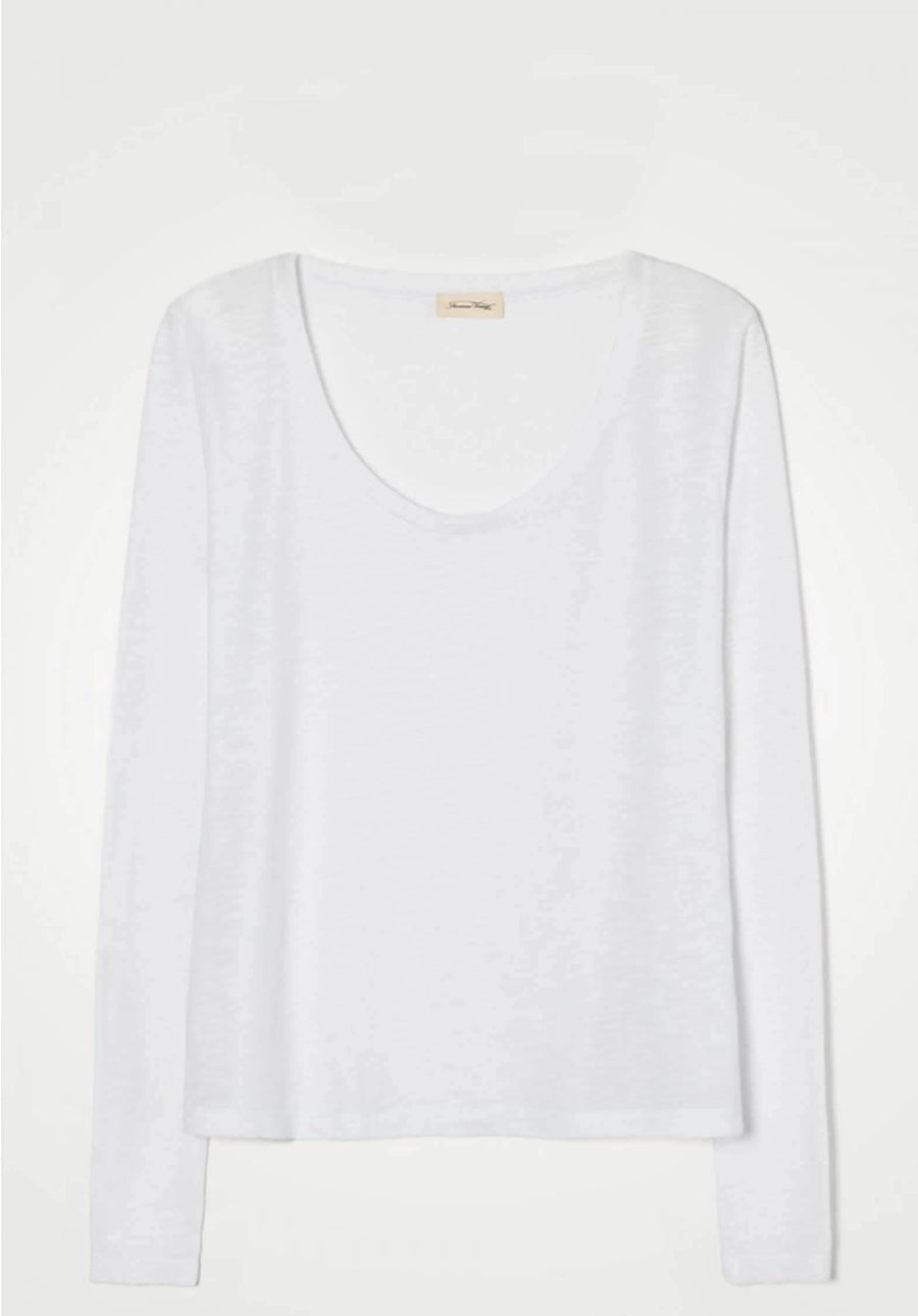 'Jacksonville' U-Neck Cotton-blend Long Sleeves T-Shirt Blanc - RUE MADAME | BOUTIQUE PARISIENNE